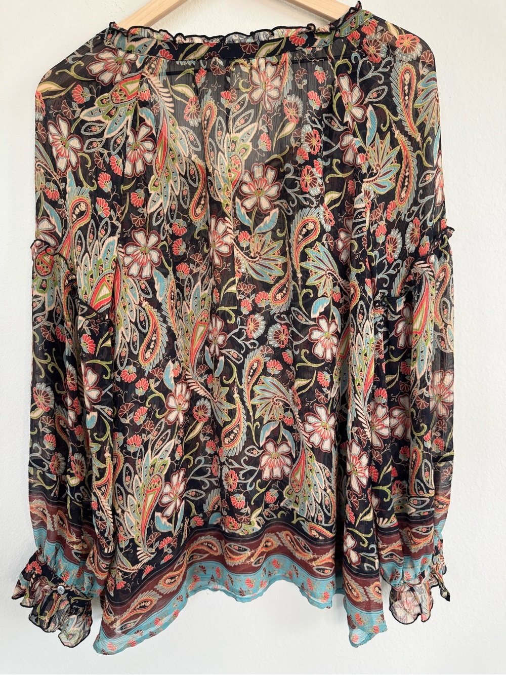 Sundance 100% Silk Boho Sheer Paisley Floral Tassel Tie Peasant Blouse XL - Picture 9 of 12
